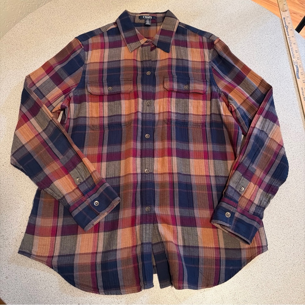 Chaps Plaid Button-Front Blouse in Navy, Burgundy, Tan, and Cream